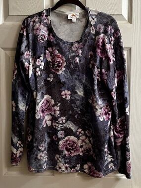 QUACKER FACTORY~DARK FLORAL SEQUIN CREWNECK SWEATER ~ LG